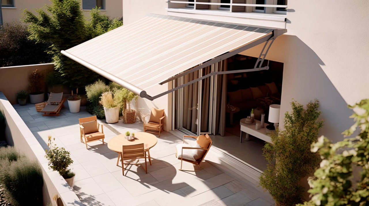 An outdoor awning providing shade on a patio during a sunny day in Pennsauken, NJ